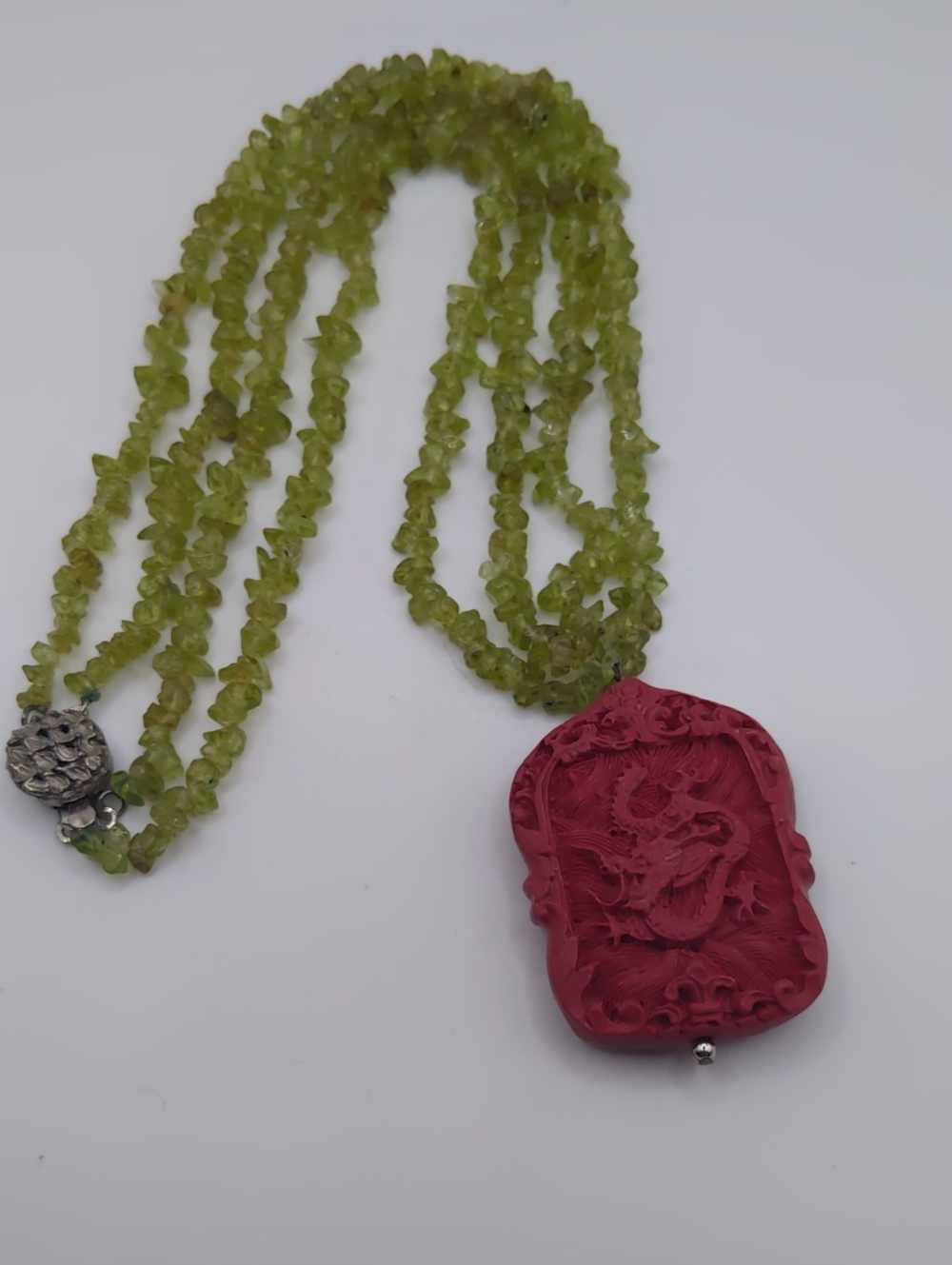 Peridot And Dragon Carved Cinnabar Necklace